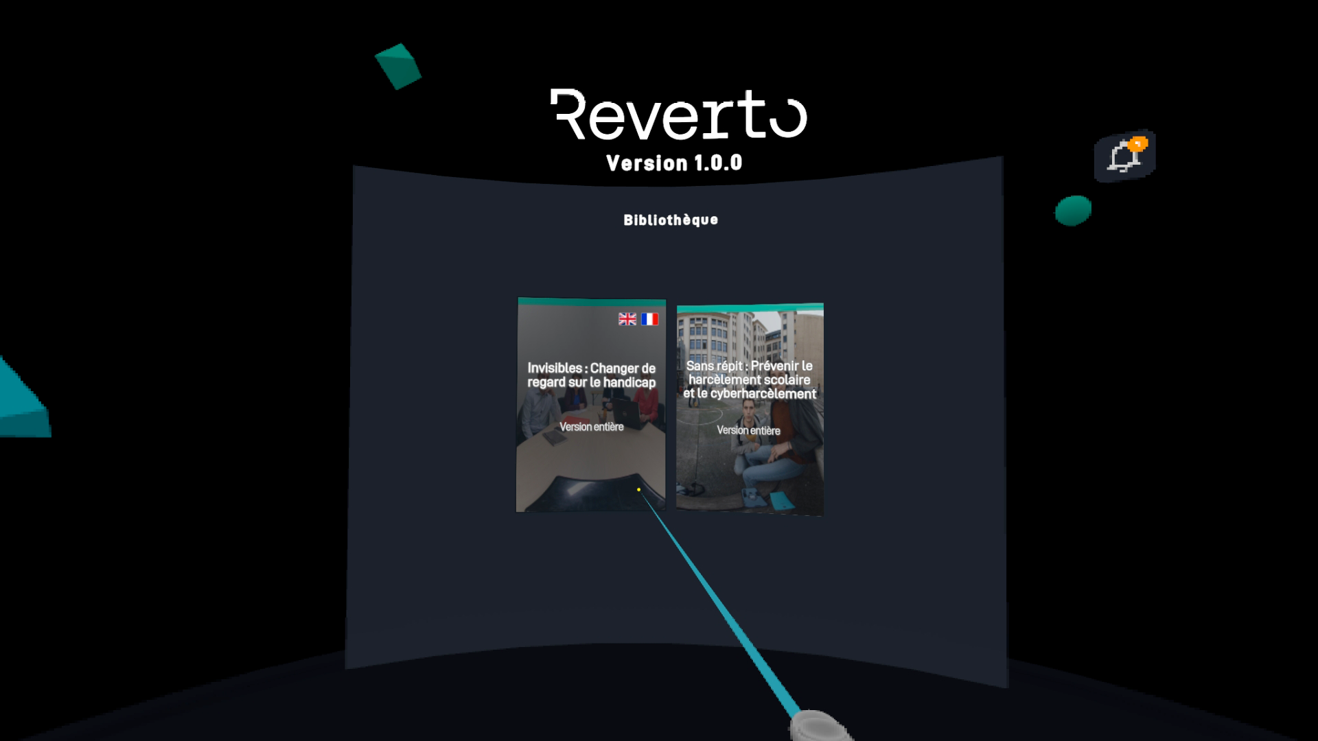 Capture d'écran de la biliothèque avec 2 expériences dont une survolée qui présente les langues disponibles.